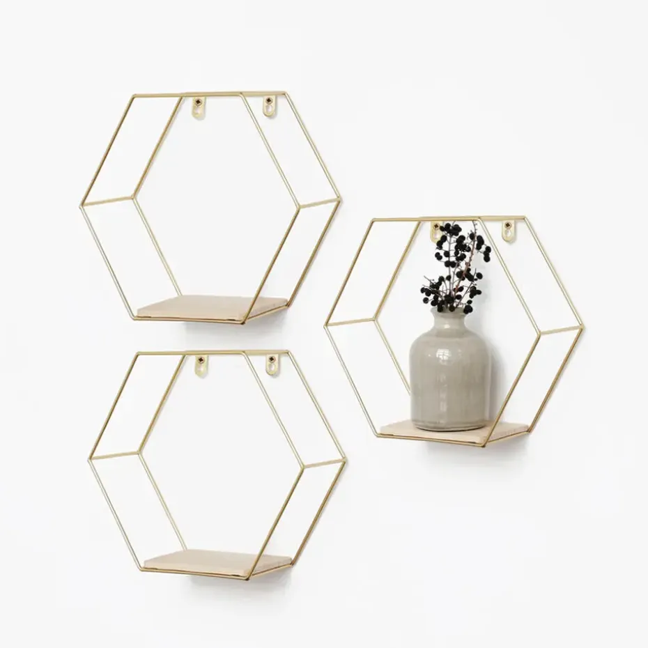 Set van 3 zeshoekige metalen wandrekjes met houten plankje - Goud