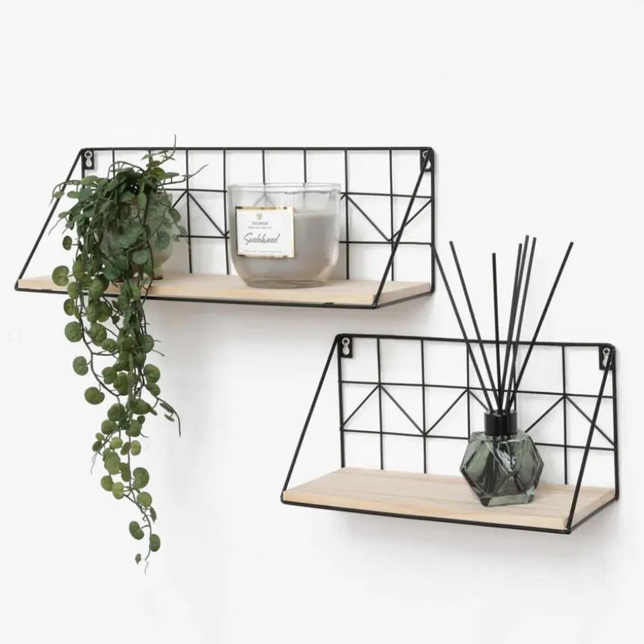 Set van 2 zwarte metalen wandrekjes met houten plankje - 30 en 45 cm