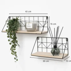 Set van 2 zwarte metalen wandrekjes met houten plankje - 30 en 45 cm