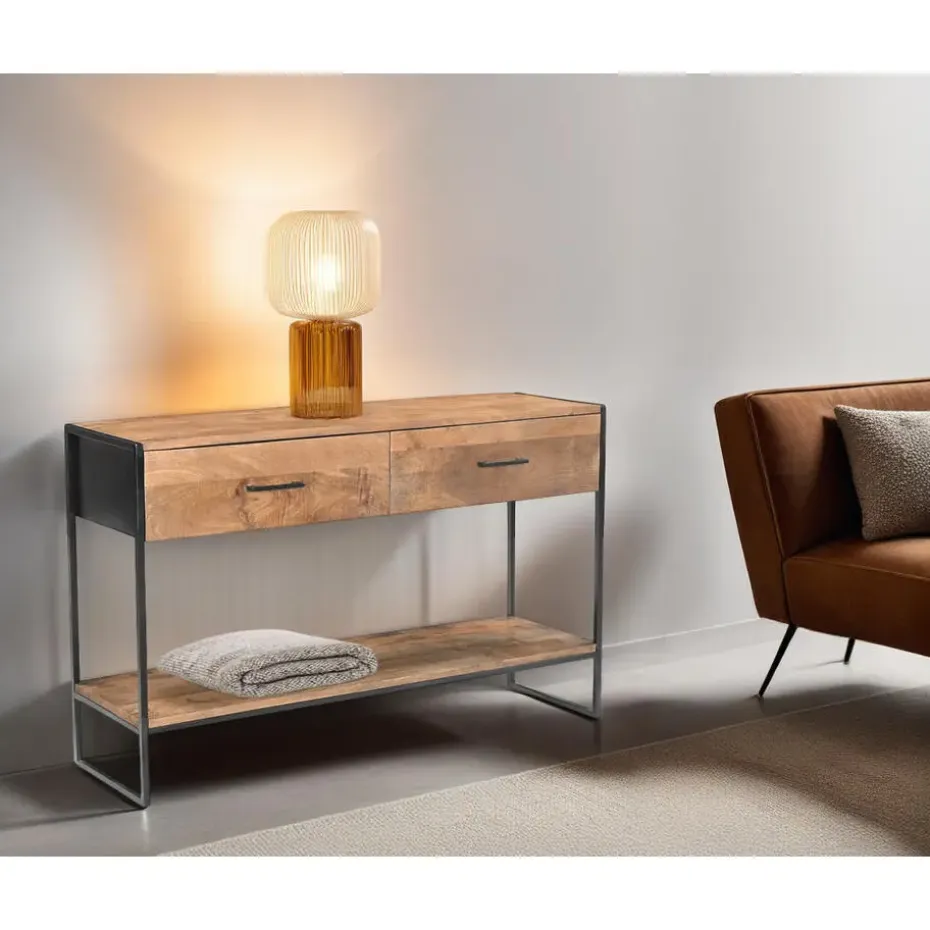 Sidetable Naturel Mangohout - Metaal - 120x35x75cm - Elin