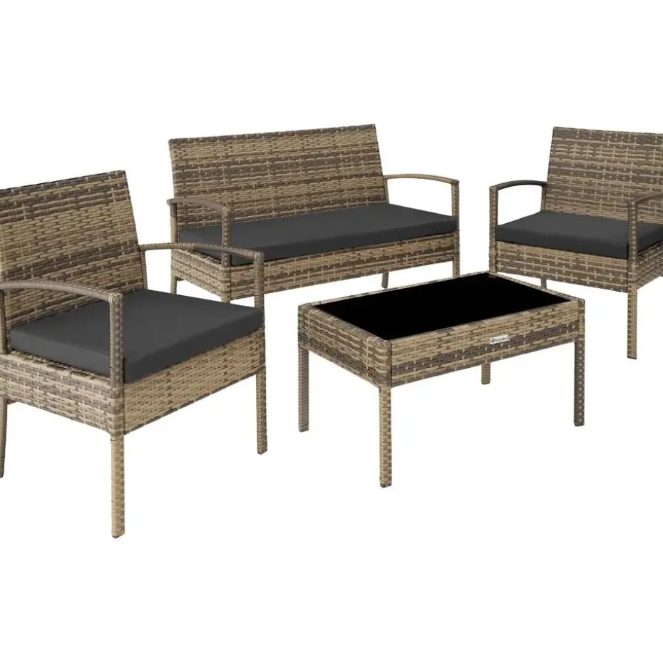 tectake - loungeset Sparta - bank+stoelen+tafel - natuurkleur