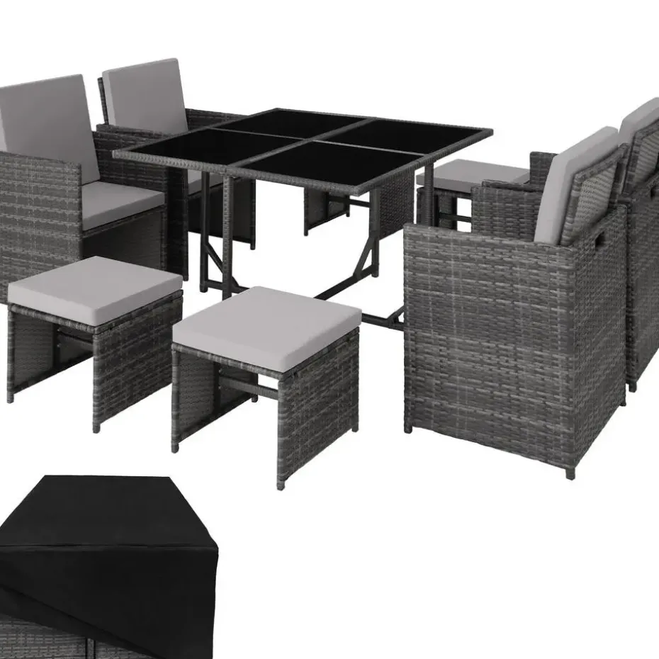 tectake - tuinset Bilbao - wicker - incl. beschermhoes - grijs