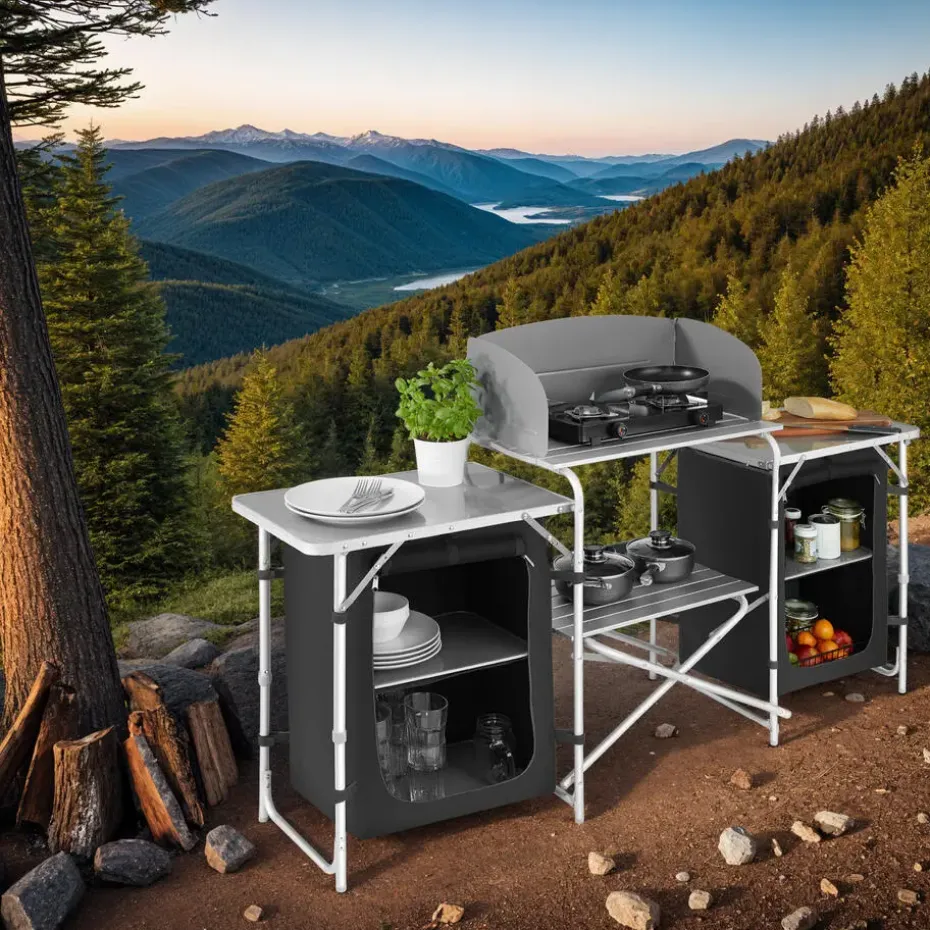 tectake Campingkeuken 172x52x104cm, Zwart