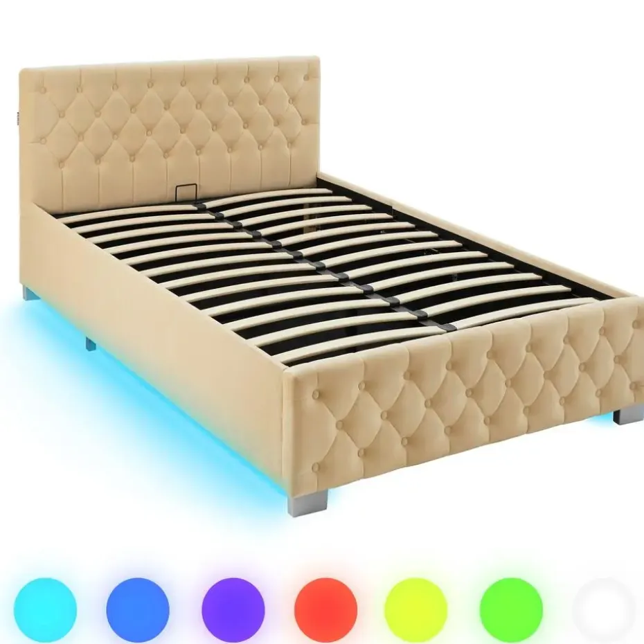 tectake Gestoffeerd bed met LED & opbergruimte, 120 x 200 cm, Beige