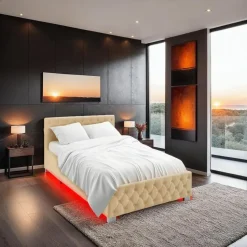 tectake Gestoffeerd bed met LED & opbergruimte, 140 x 200 cm, Beige