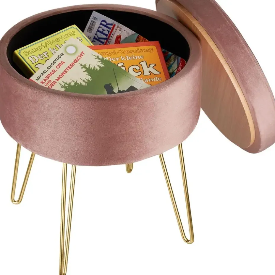 tectake Hocker Ava gestoffeerd in fluweellook 300kg met opbergruimte, Roze