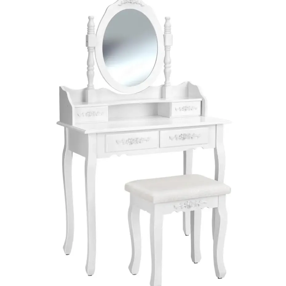 tectake Makeup-tafel met spiegel en hocker in antieke look, Wit