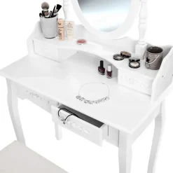 tectake Makeup-tafel met spiegel en hocker in antieke look, Wit