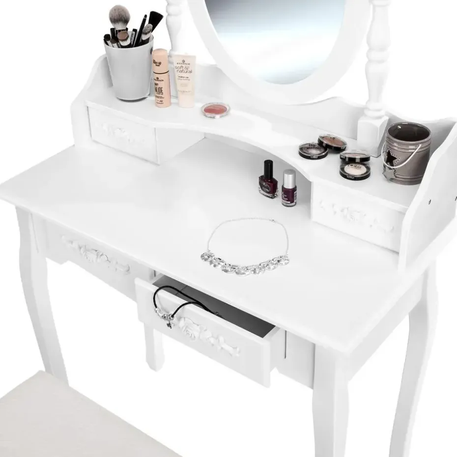 tectake Makeup-tafel met spiegel en hocker in antieke look, Wit