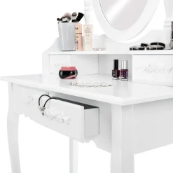 tectake Makeup-tafel met spiegel en hocker in antieke look, Wit