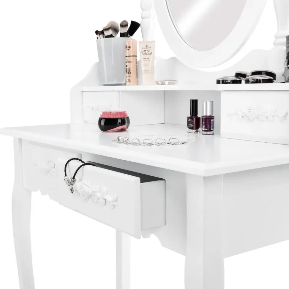 tectake Makeup-tafel met spiegel en hocker in antieke look, Wit