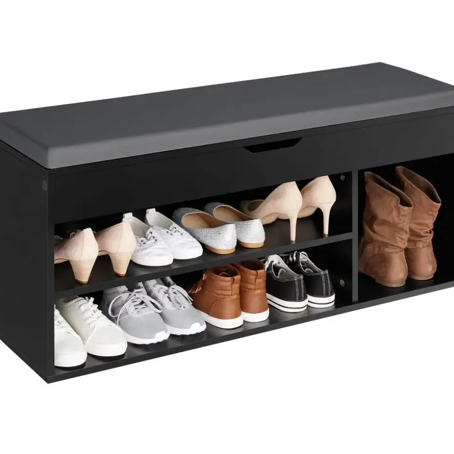 tectake Schoenenkast Natalya met zitkussen 104x30x49cm, Zwart