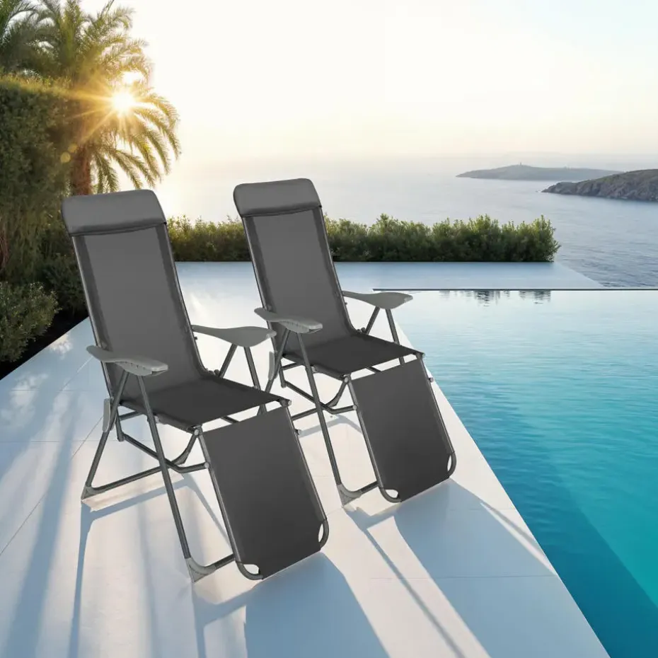 tectake Set van 2 aluminium tuinstoelen inklapbaar met hoofdsteun en voetensteun
