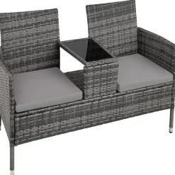 tectake Wicker tuinbank met tafel, Grijs/lichtgrijs