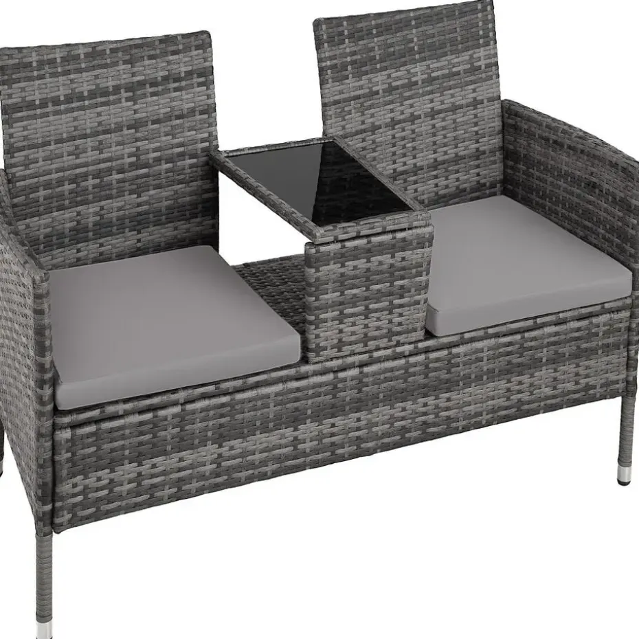 tectake Wicker tuinbank met tafel, Grijs/lichtgrijs