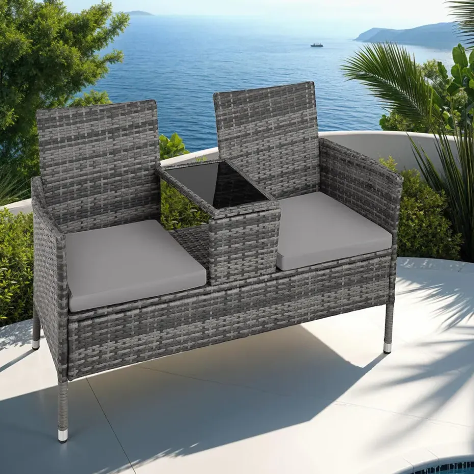 tectake Wicker tuinbank met tafel, Grijs/lichtgrijs