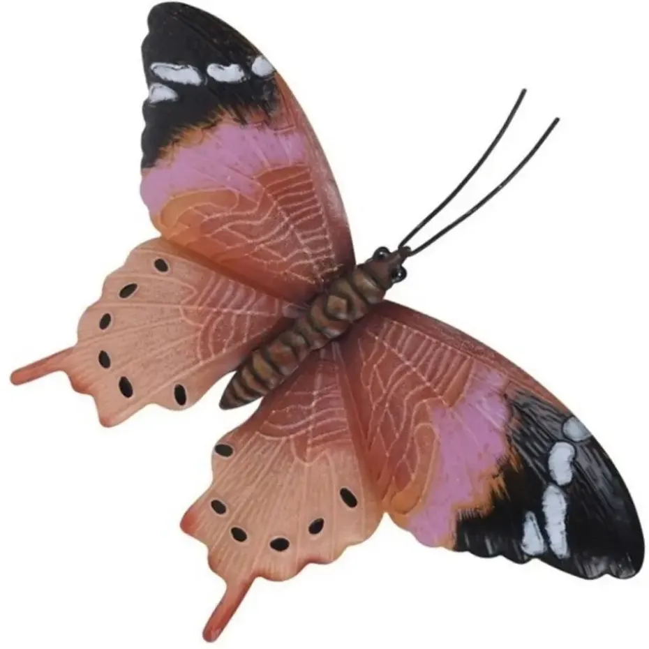 Tuindecoratie muurvlinder - bruin en roze - metaal - 44 cm
