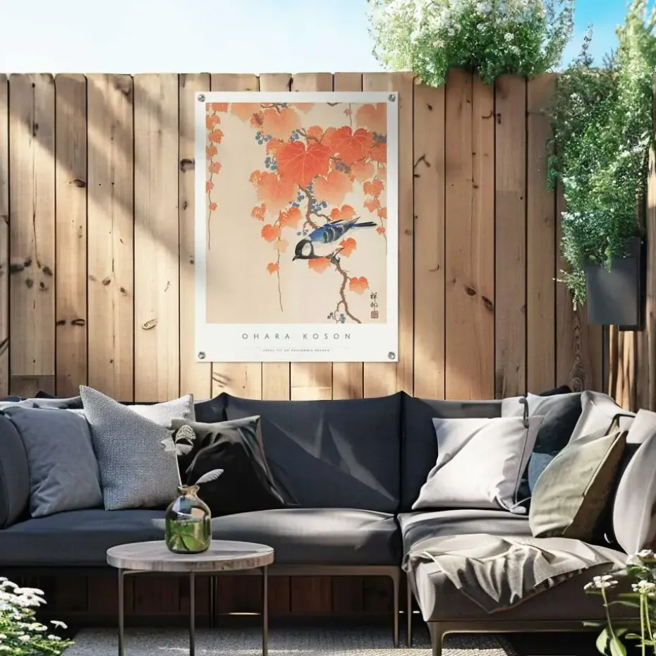 Tuinposter Ohara Koson Great tit - 80 x 60cm - Oranje