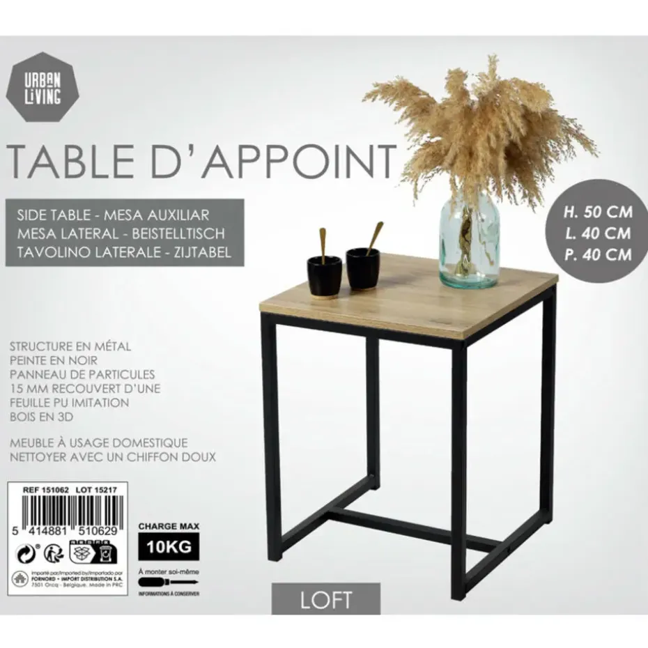 Urban Living Bijzettafel - zwart - metaal/hout - L40 x B40 x H50 cm