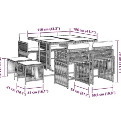 vidaXL - 9 delige Tuinset donkergrijs kussens 4 krukken - PE rattan - 110x106 cm