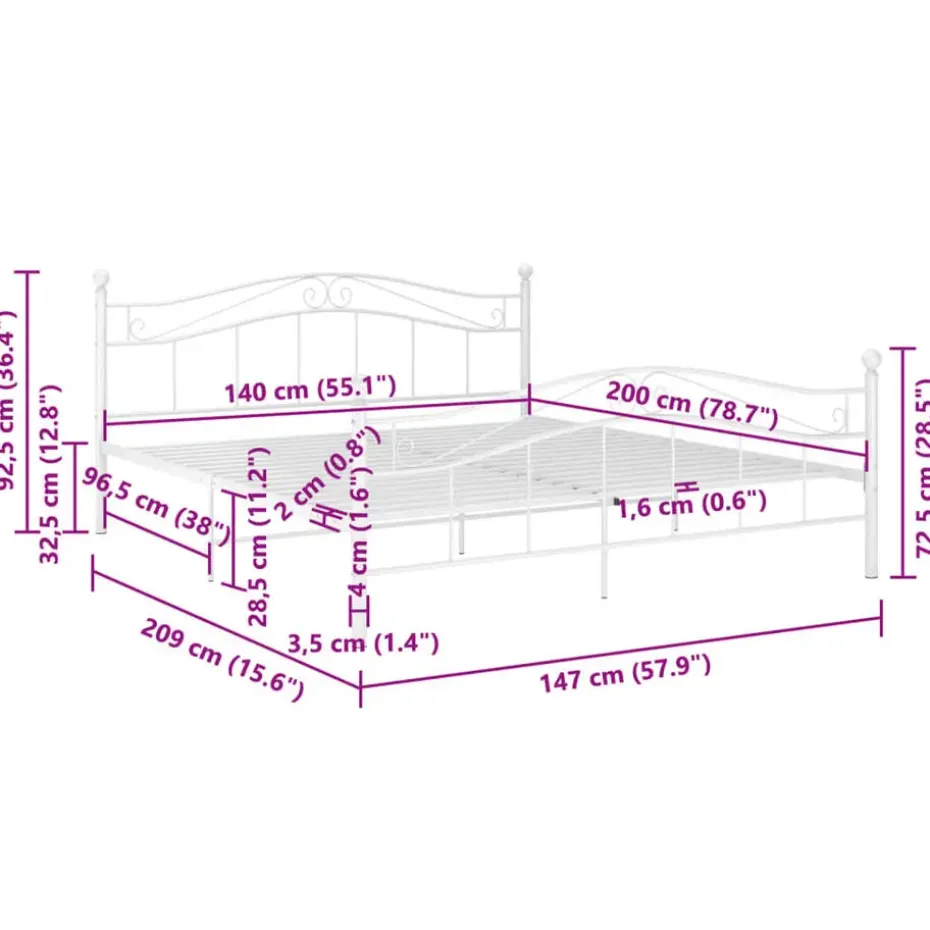 vidaXL - Bed frame met hoodfbord en lattenbodem - Wit - Metaal - 140x200 cm