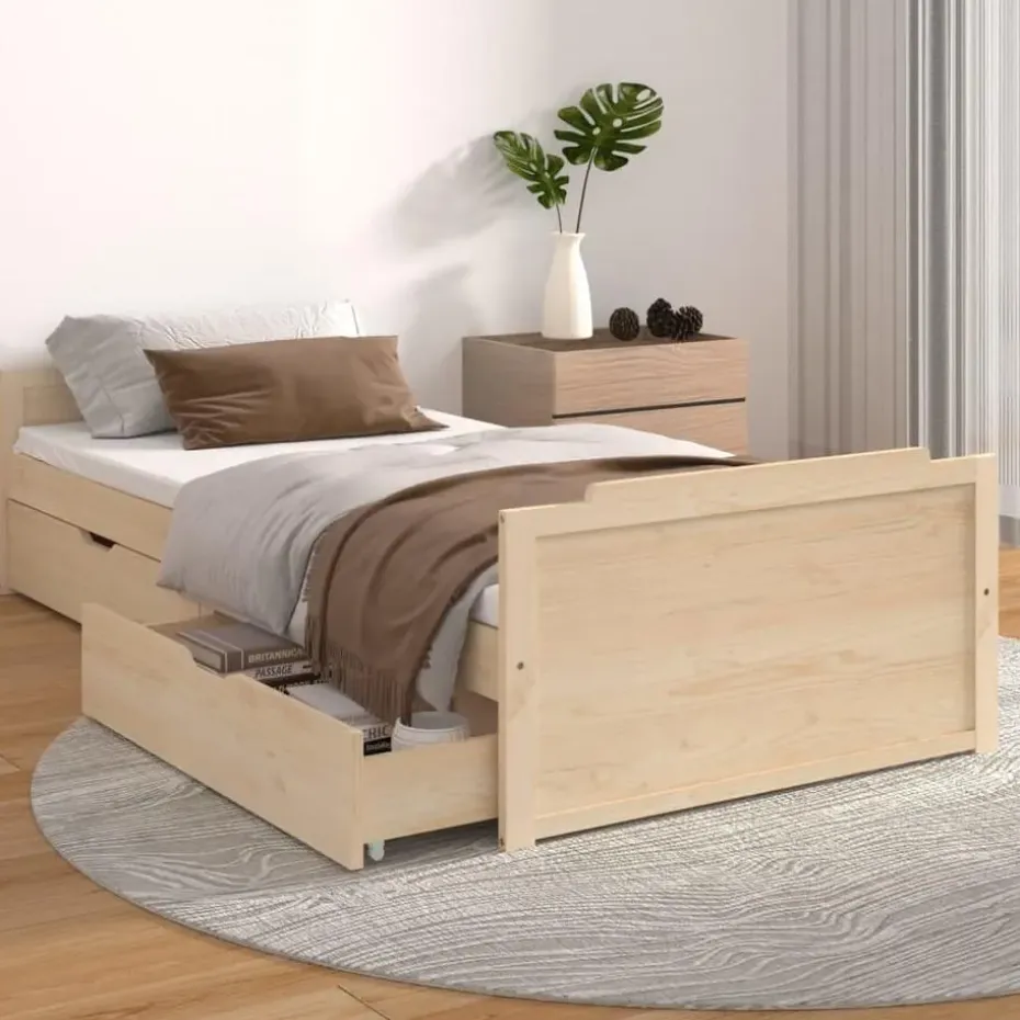 vidaXL - Bed frame met twee lades - Naturel - Massief grenenhout - 90x200 cm