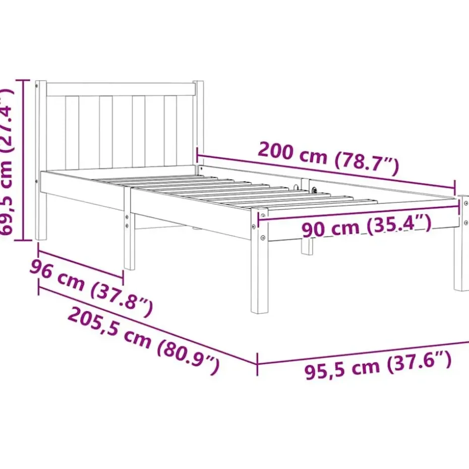 vidaXL - Bed frame zonder matras - Wasbruin - Massief grenenhout - 90x200 cm