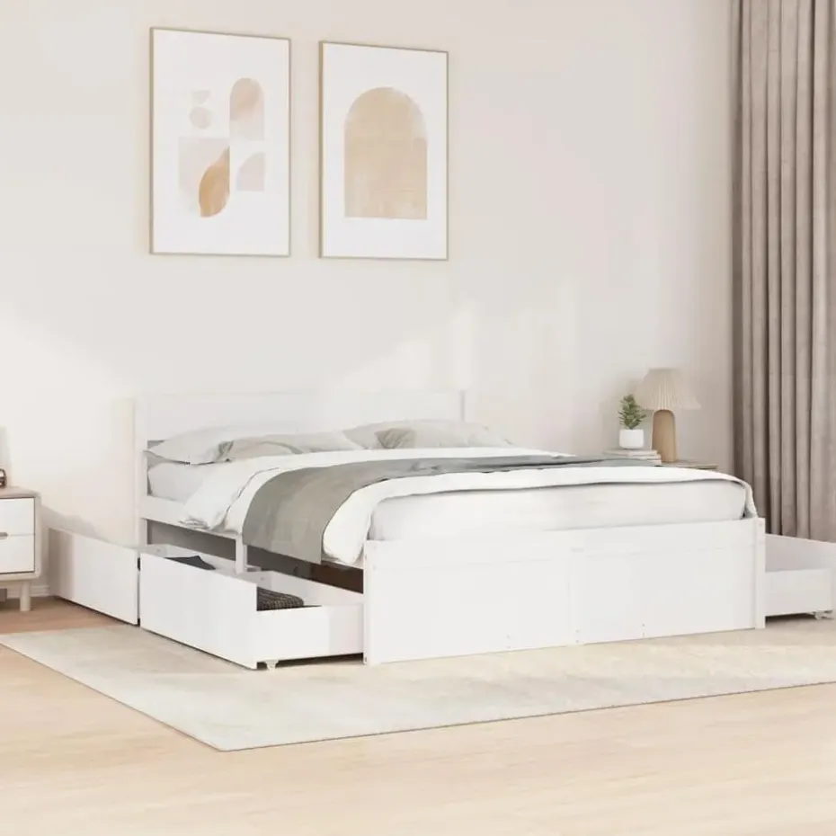 vidaXL - Bed met hoofdbord en lades - Wit - Massief grenenhout - 140x200 cm