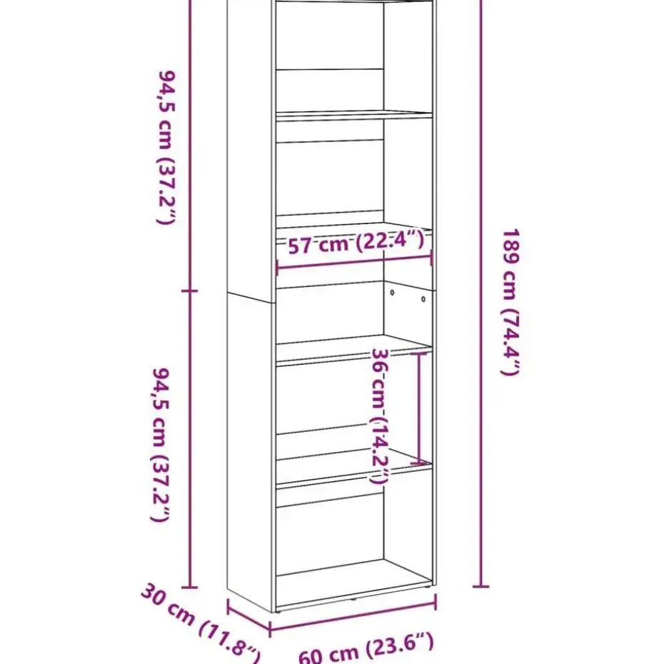 vidaXL - Boekenkast met 5 vakken voor woonkamers - Sonoma eiken - 60x30x189 cm