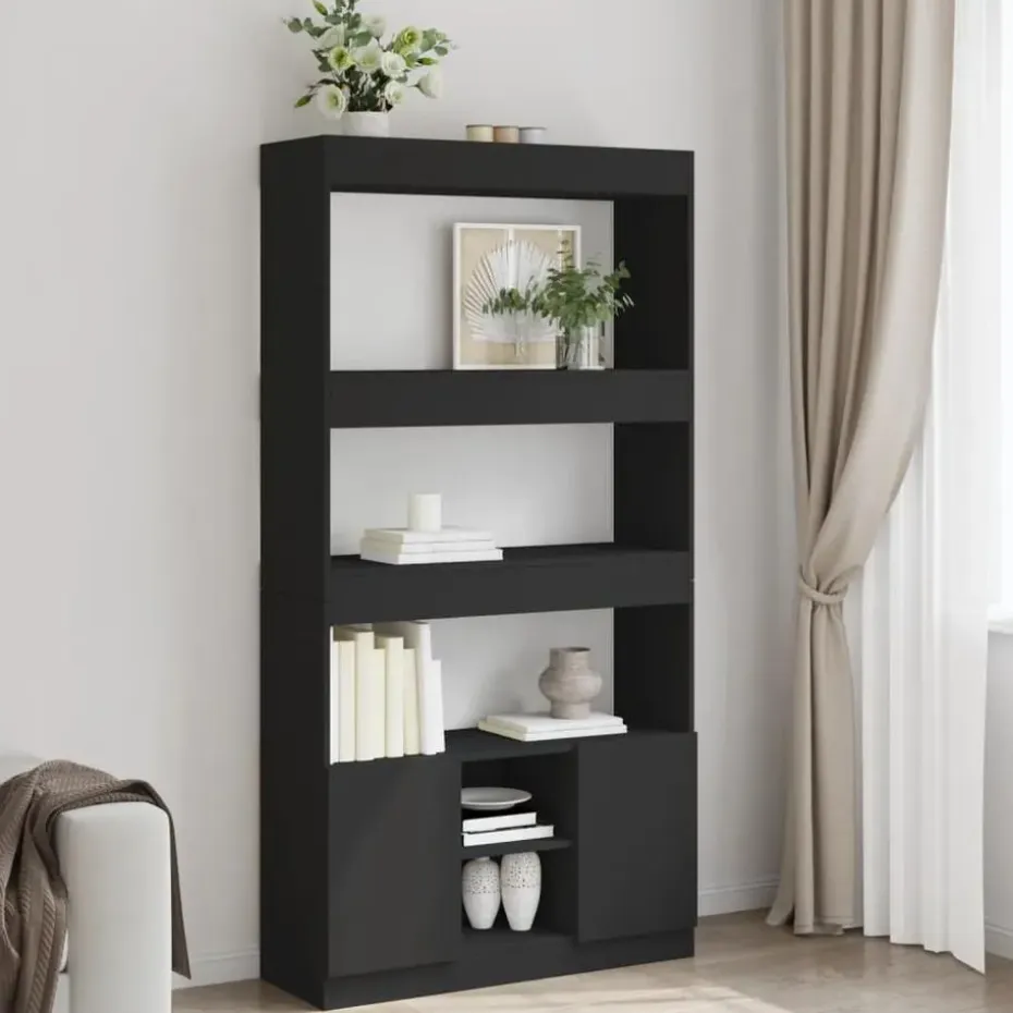vidaXL - Boekenkast met deuren en 5 vakken - Zwart - Bewerkt hout - 92x33x180 cm
