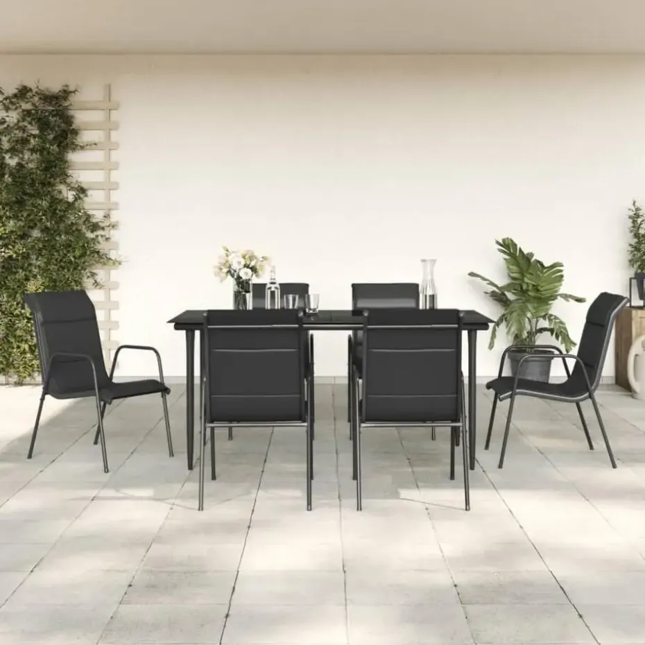 vidaXL - 7-delige Tuinset - Zwart - Textileen met voering en staal - 160x80 cm