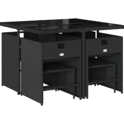 vidaXL - 9-delige Tuinset wit kussens 4 krukken - Zwart - PE rattan - 110x106 cm