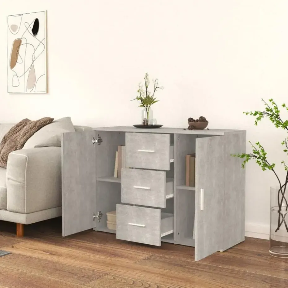 vidaXL - Dressoir met 2 deuren 3 lades - Betongrijs - Hout -91x29.5x65 cm