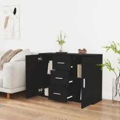 vidaXL - Dressoir met 2 deuren 3 lades - Zwart - Bewerkt hout -91x29.5x65 cm
