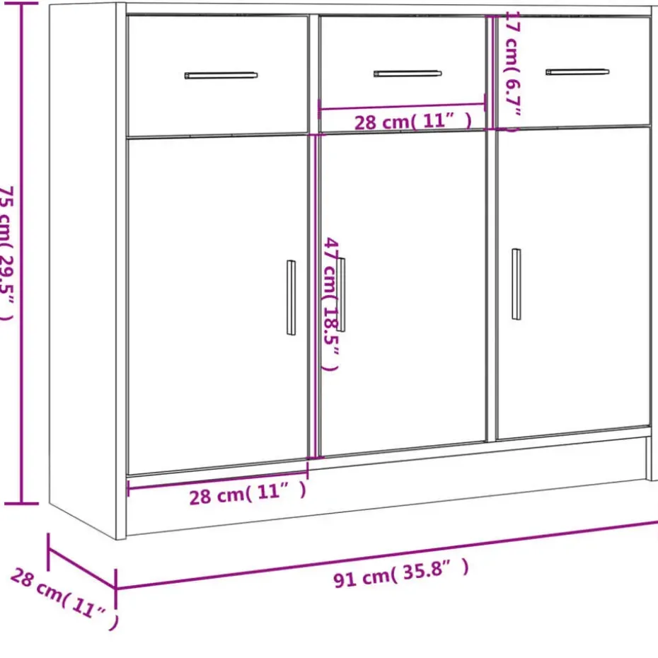 vidaXL - Dressoir met 3 deuren 3 lades - Grijs sonoma eiken - Hout - 91x28x75 cm