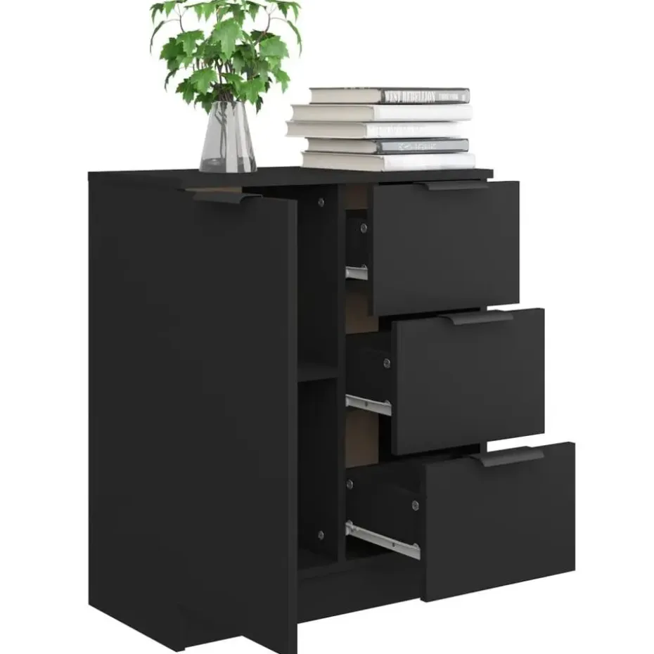vidaXL - Dressoir met 1 deur 3 lades - Zwart - Bewerkt hout - 60x30x70 cm