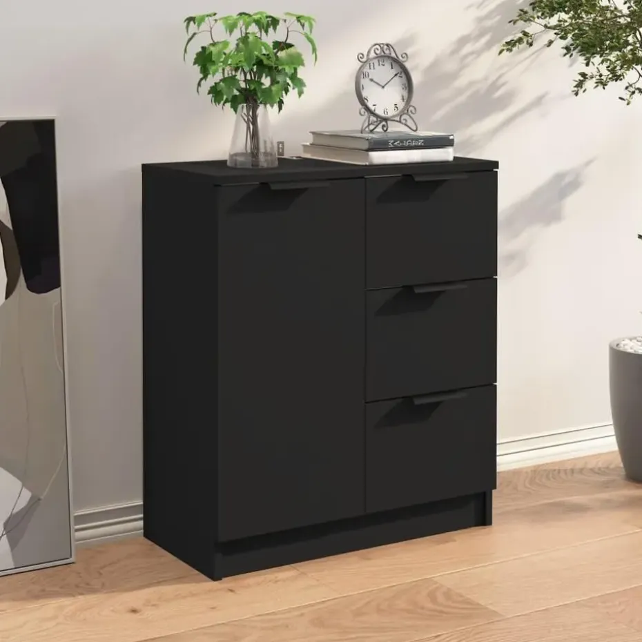 vidaXL - Dressoir met 1 deur 3 lades - Zwart - Bewerkt hout - 60x30x70 cm