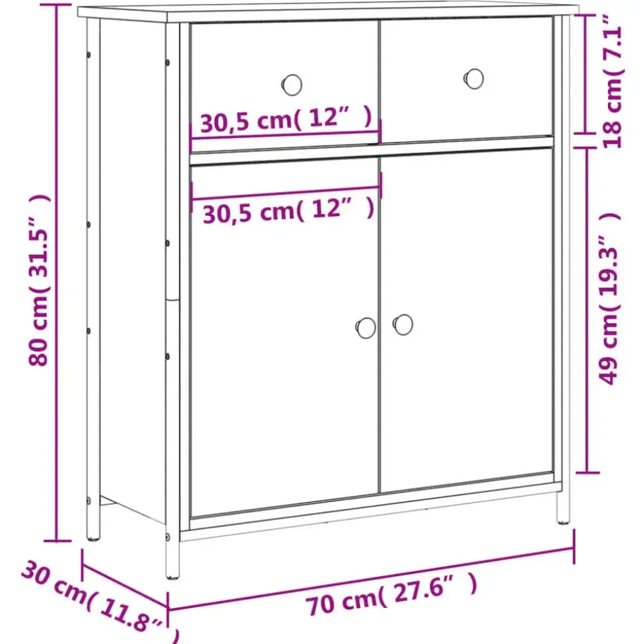 vidaXL - Dressoir met 2 deuren 2 lades - Zwart - Hout en staal -70x30x80 cm
