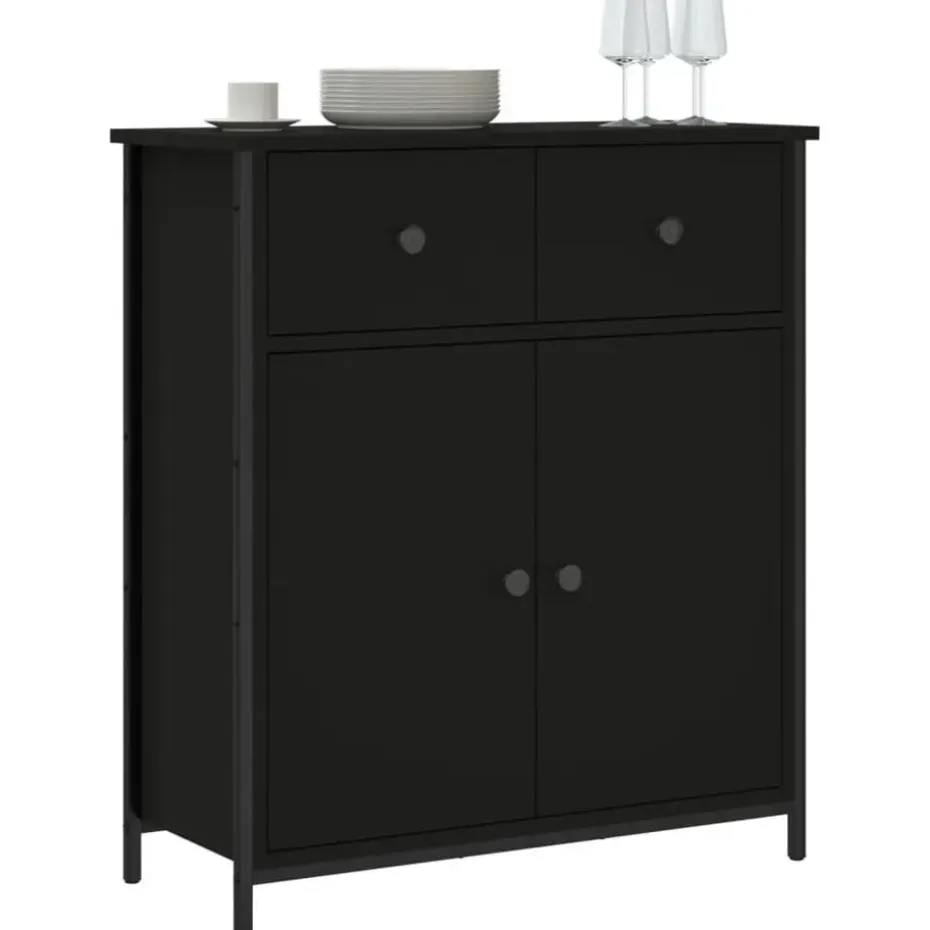 vidaXL - Dressoir met 2 deuren 2 lades - Zwart - Hout en staal -70x30x80 cm