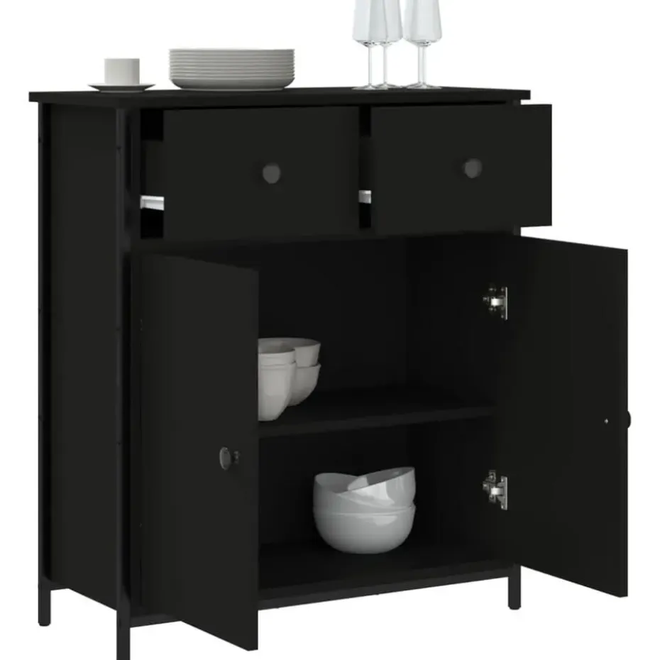 vidaXL - Dressoir met 2 deuren 2 lades - Zwart - Hout en staal -70x30x80 cm