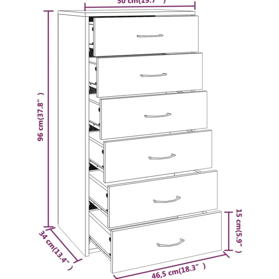 vidaXL - Dressoir met 6 lades - Grijs sonoma eiken - Bewerkt hout - 50x34x96 cm