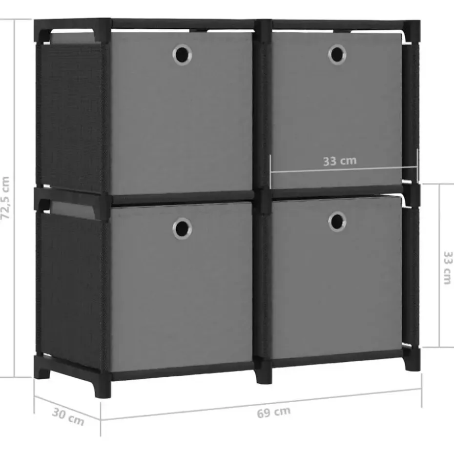 vidaXL - Kast met 4 vakken en grijs stof boxen - Zwart - 69x30x72.5 cm