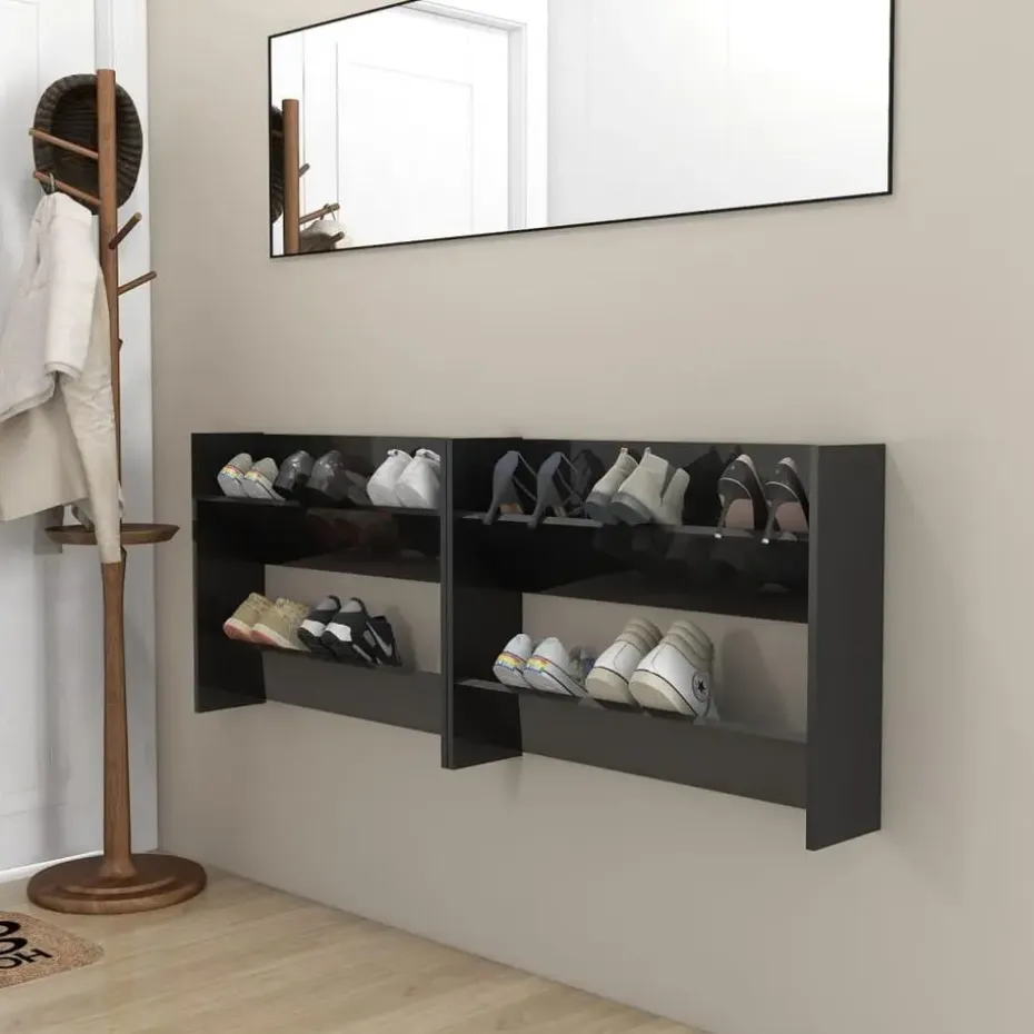 vidaXL - 2-laags Wandshoenenkasten 6 paar - Zwart - 80x18x60 cm - Set van 2