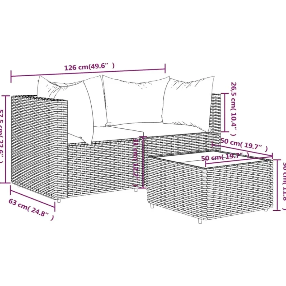 vidaXL - Loungeset - Bruin - Poly rattan - 3 stuks - Met kussens