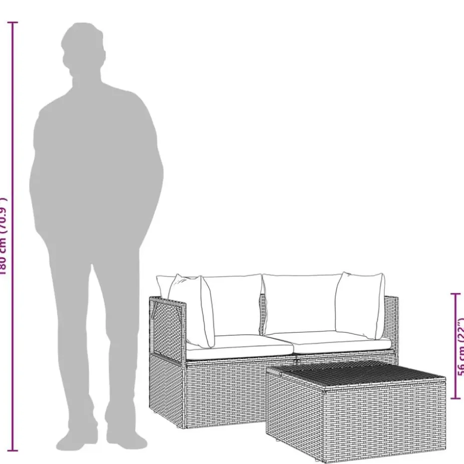 vidaXL - Loungeset - Grijs - Poly rattan - 3 stuks - Met kussens