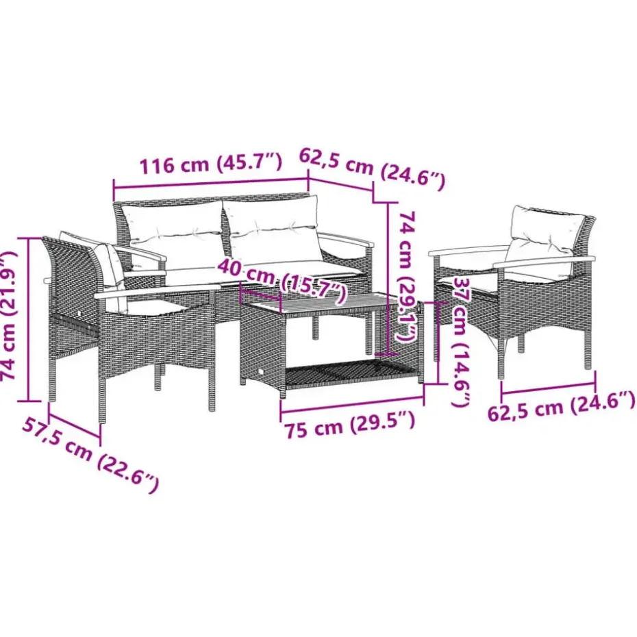 vidaXL - Loungeset - Zwart - Poly rattan