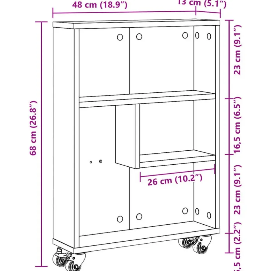 vidaXL - Opbergtrolley smal - Oud hout - Bewerkt hout - 48x13x68 cm