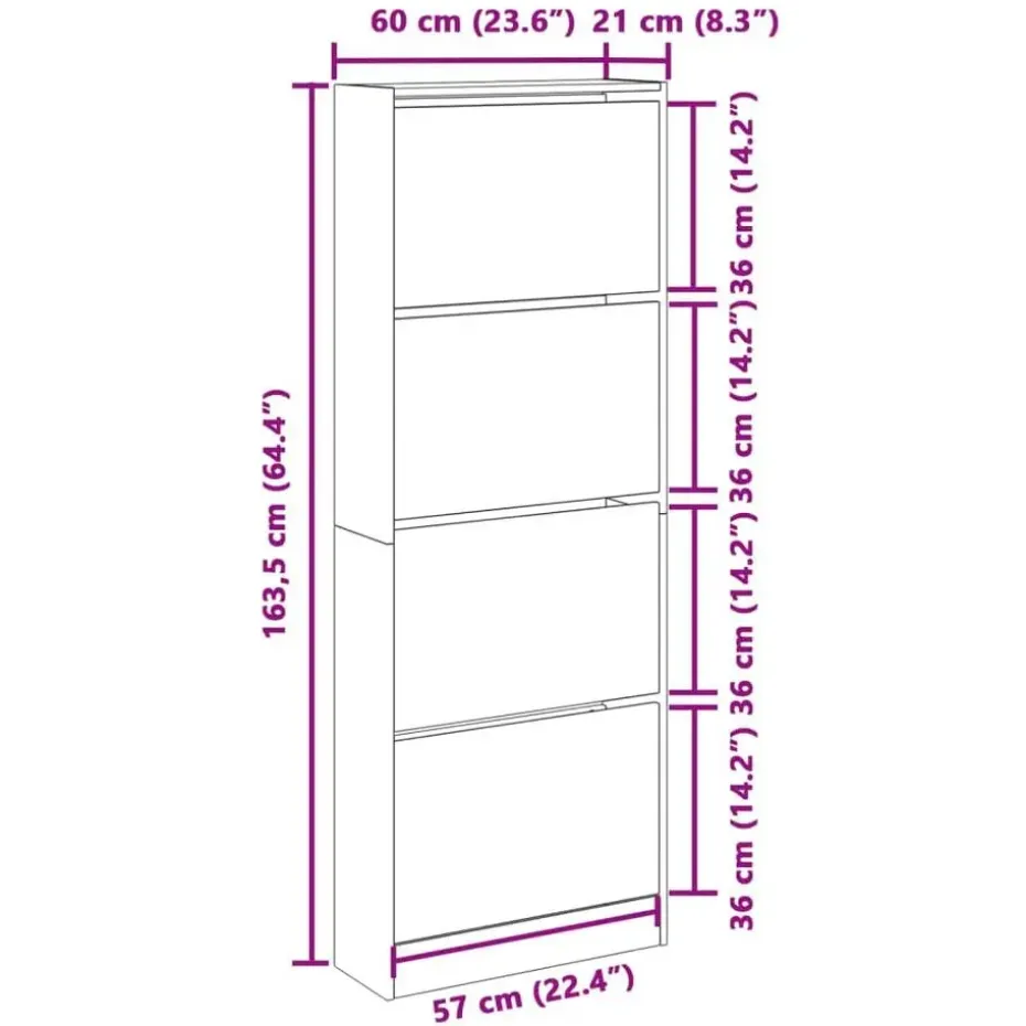 vidaXL - Schoenenkast 8 paar met 4 kleppen - Wit - Bewerkt hout - 60x21x163.5 cm