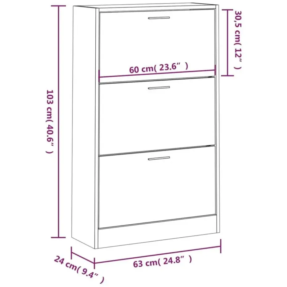 vidaXL - Schoenenkast 6 paar met 3 kleppen - Wit - Bewerkt hout - 63x24x103 cm