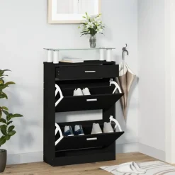 vidaXL - Schoenenkast 4 paar met 3 kleppen en lade - Zwart met glazen bovenblad